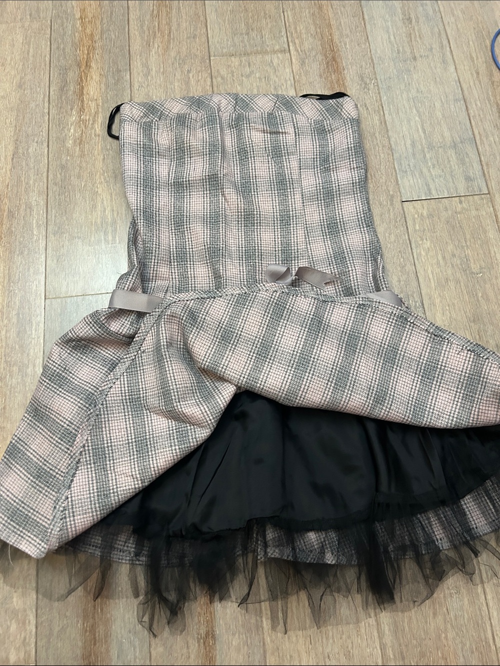 VTG Y2K Miss Me Pink and Gray Plaid Strapless Mini Dress with Bow tulle skirt S - Picture 3 of 6